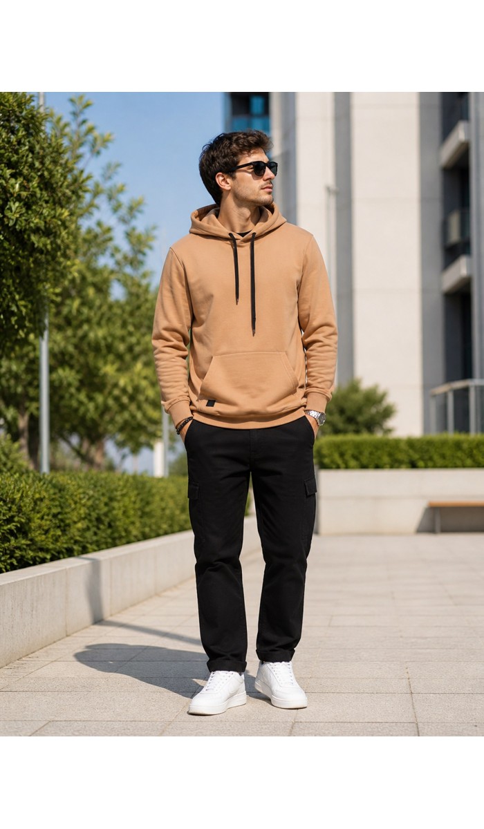 Erkek Bej Kapşonlu Sweatshirt